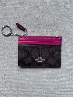 COACH Brown Signature Canvas Card Case with Violet Trim